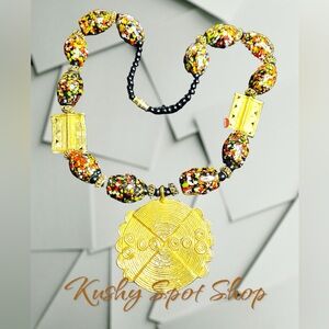 Vintage 🇮🇹Murano Speckled Black, Red & Yellow Etruscan Style Big Pendant ✨⚫️🔴